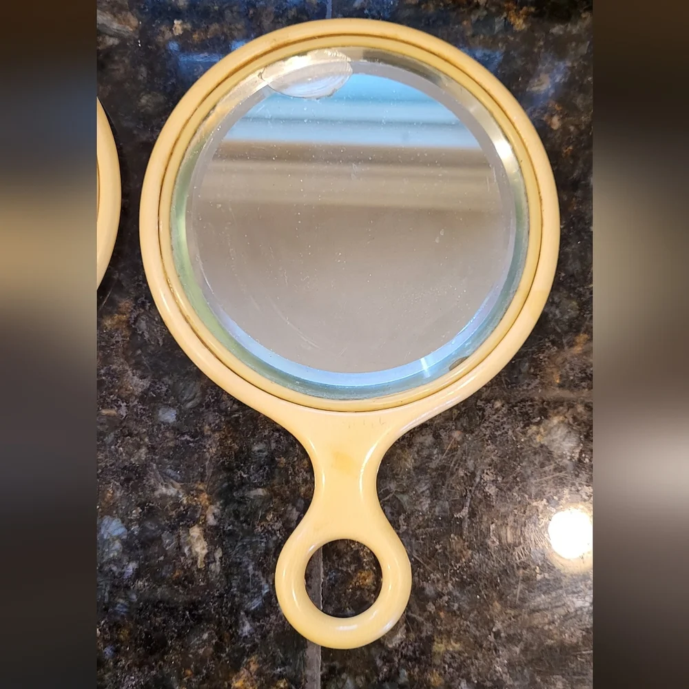 Pair of Antique Round Handled Cream Celluloid Vanity Hand Mirrors